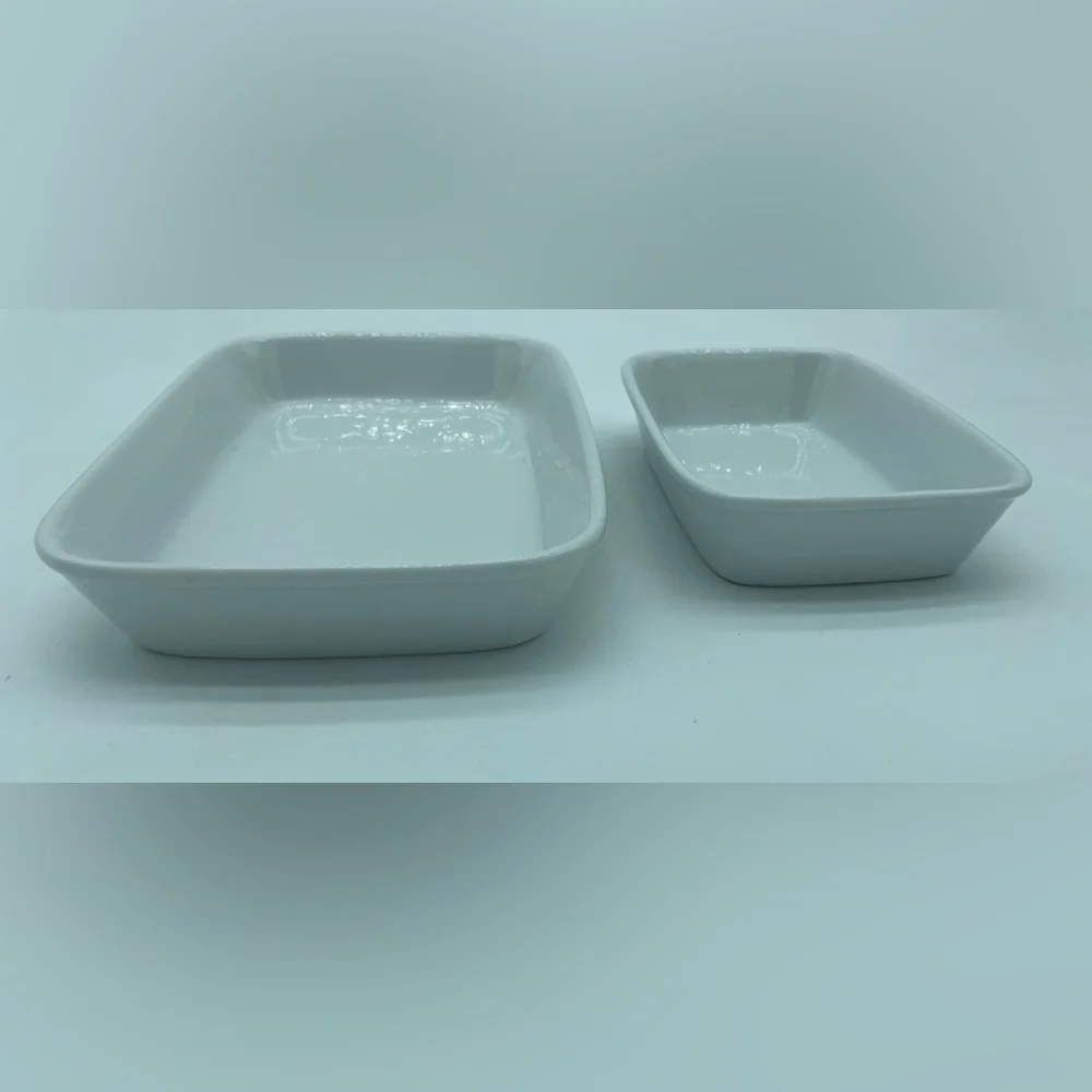 Set of 2 Crate & Barrel White Porcelain Rectangle Baking Casserole Serving Dish